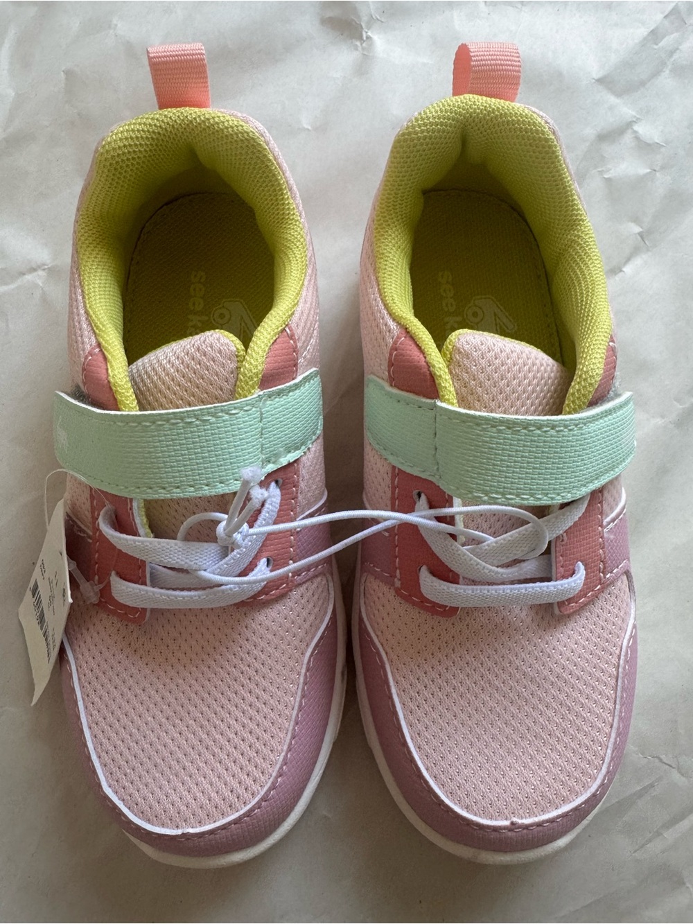 See Kai Run Pink Sneakers with Mint Strap and Yellow Lining